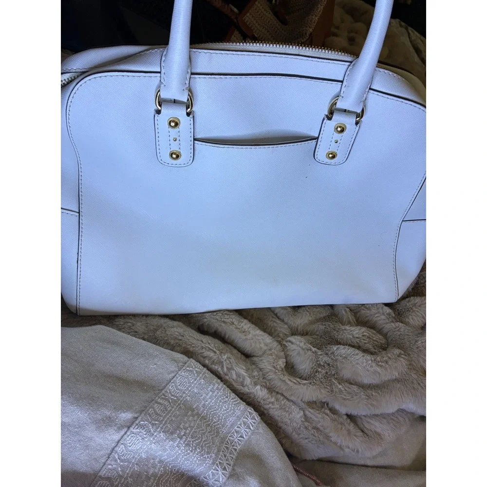 Michael Kors White Saffiano Leather Satchel Handbag Gold Hardware MK Logo Bag